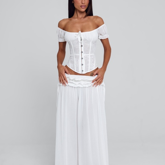 Outcast Tops - Elegant White Off-Shoulder Corset and Skirt Set